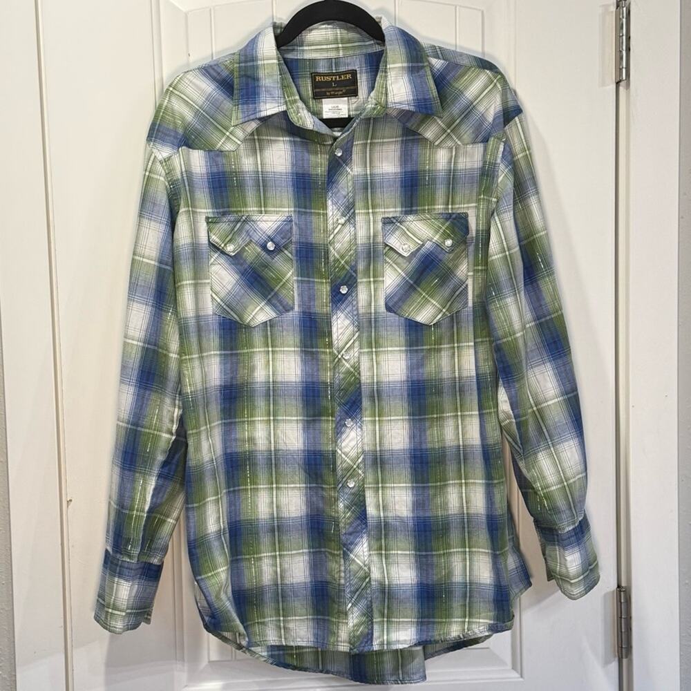 Rustler by Wrangler Green and Blue Plaid, Size Large with Pearl Snaps